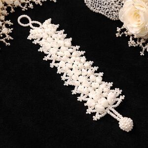 Vintage White Milk Glass Seed Bead Woven Bracelet Boho Statement